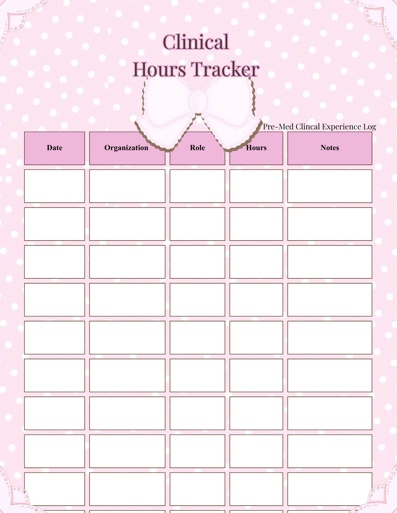 Pre-Med Clinical & Shadowing Hours Tracker | Pink Planner (Canva Template)