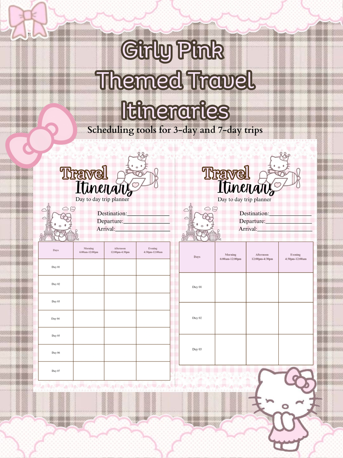 Pink Kawaii Travel Itinerary Planner | 3-Day, 7-Day Trip Organizer (Canva travel Template, PDF)