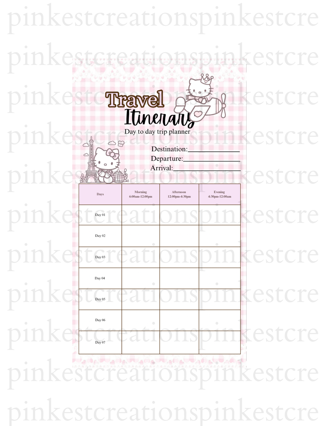 Pink Kawaii Travel Itinerary Planner | 3-Day, 7-Day Trip Organizer (Canva travel Template, PDF)