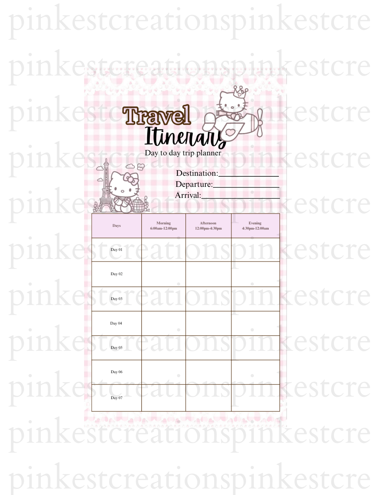 Pink Kawaii Travel Itinerary Planner | 3-Day, 7-Day Trip Organizer (Canva travel Template, PDF)