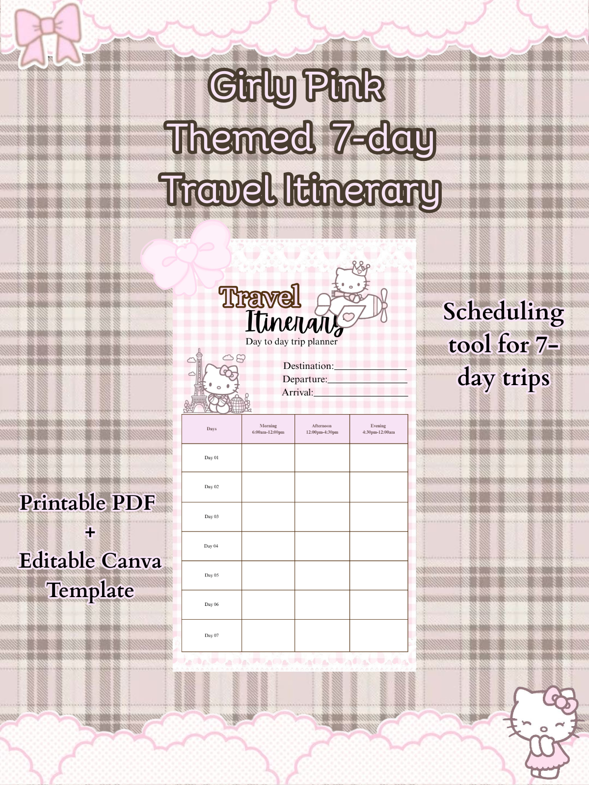 Pink Kawaii Travel Itinerary Planner | 3-Day, 7-Day Trip Organizer (Canva travel Template, PDF)