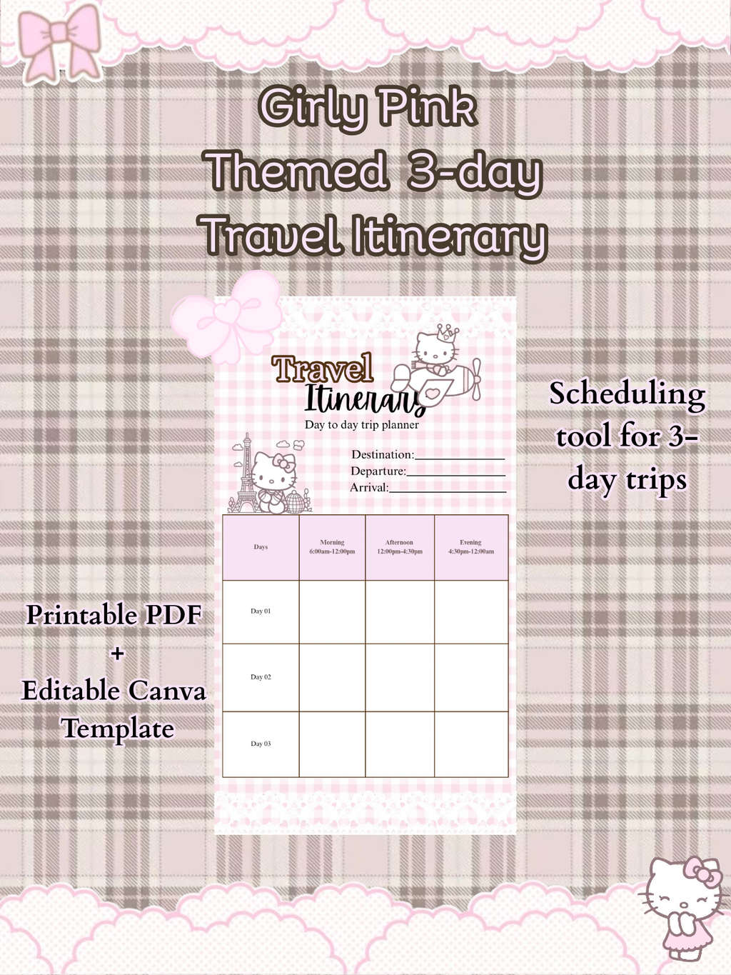 Pink Kawaii Travel Itinerary Planner | 3-Day, 7-Day Trip Organizer (Canva travel Template, PDF)