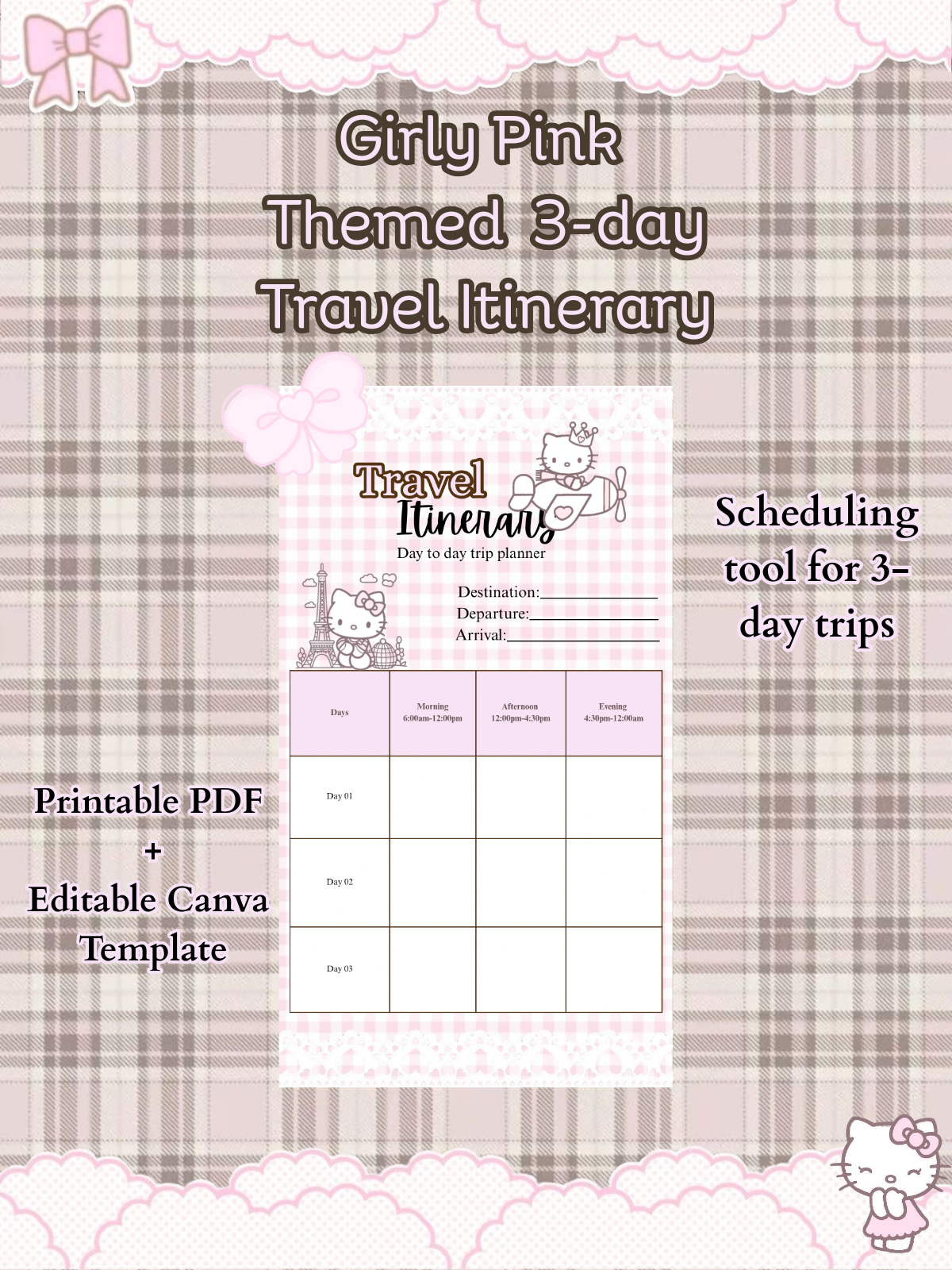 Pink Kawaii Travel Itinerary Planner | 3-Day, 7-Day Trip Organizer (Canva travel Template, PDF)