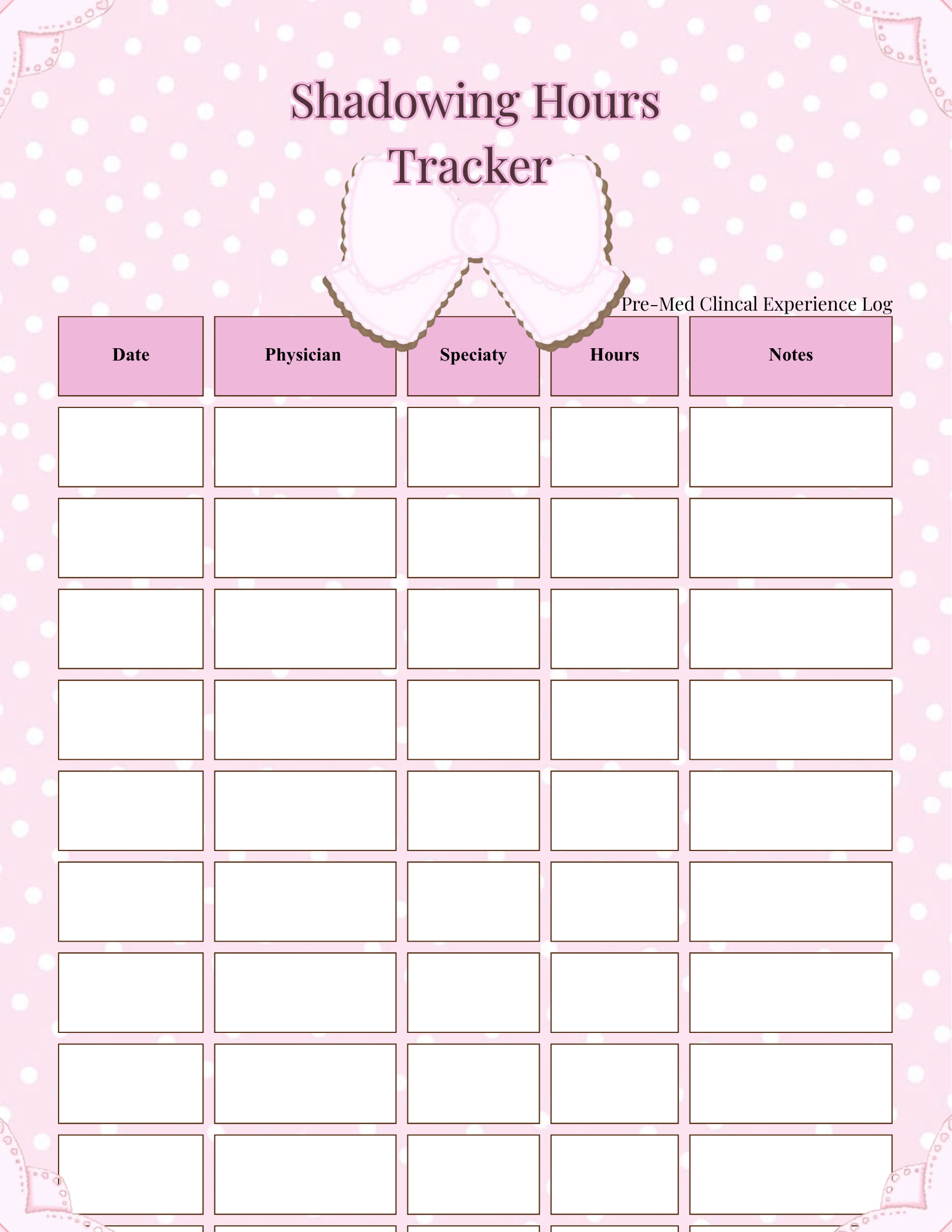 Pre-Med Clinical & Shadowing Hours Tracker | Pink Planner (Canva Template)