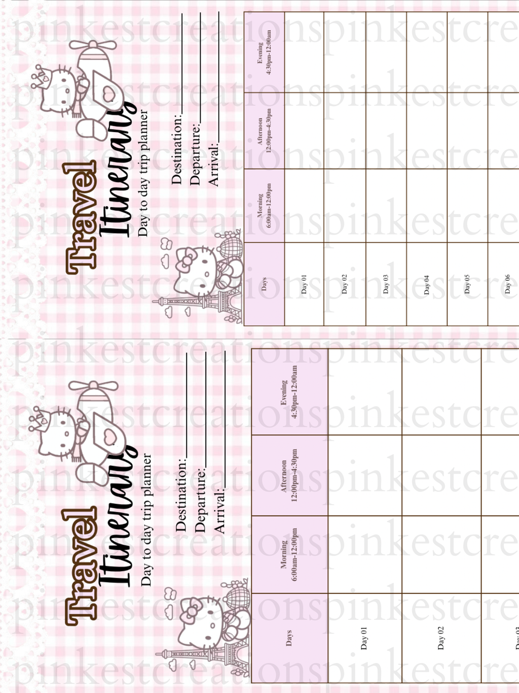 Pink Kawaii Travel Itinerary Planner | 3-Day, 7-Day Trip Organizer (Canva travel Template, PDF)