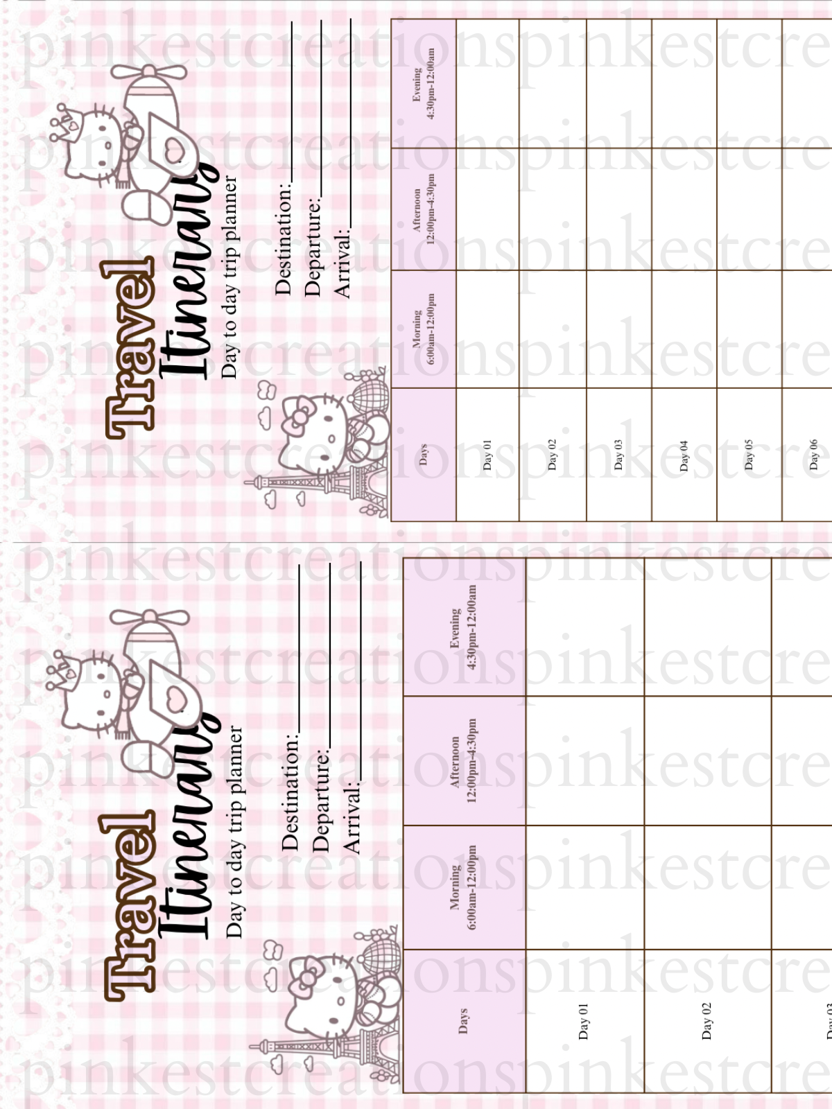 Pink Kawaii Travel Itinerary Planner | 3-Day, 7-Day Trip Organizer (Canva travel Template, PDF)