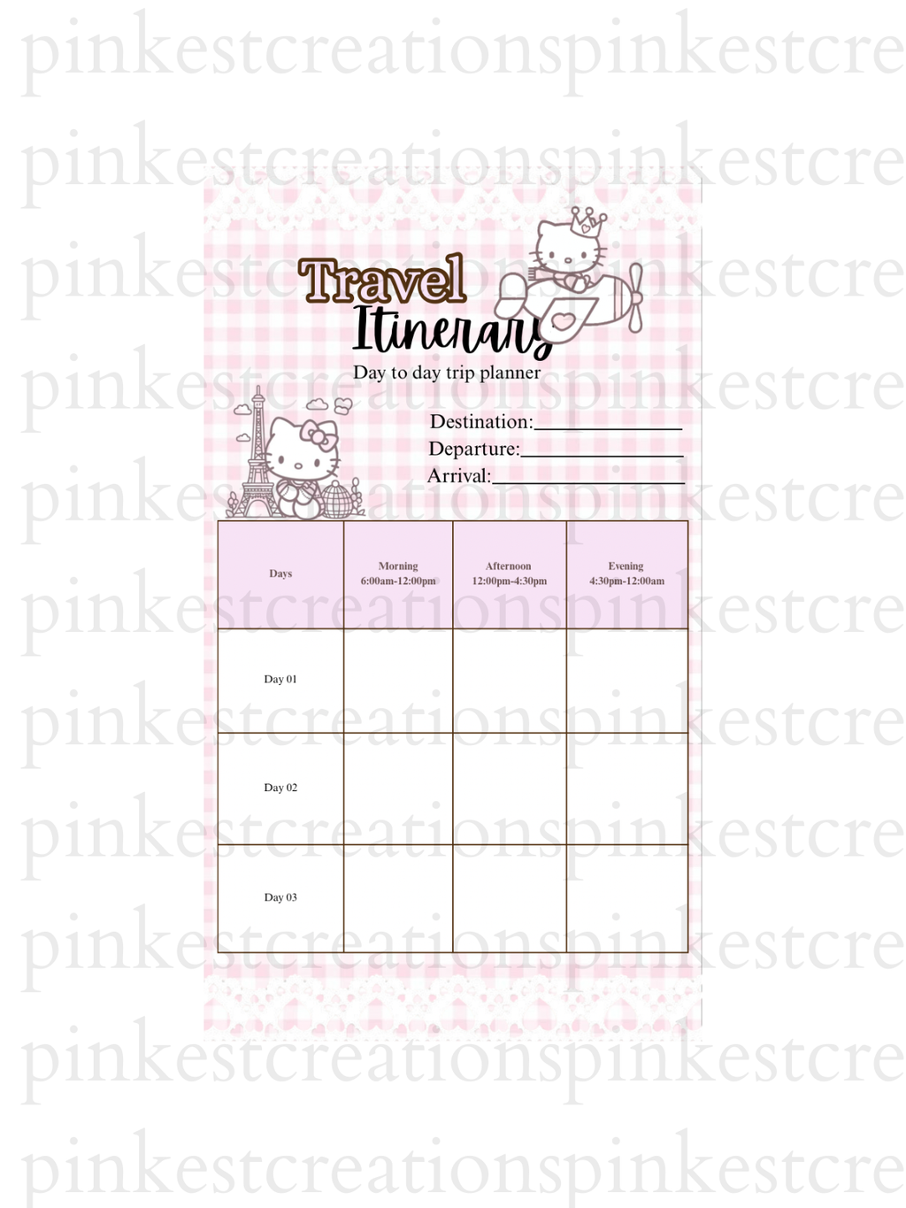 Pink Kawaii Travel Itinerary Planner | 3-Day, 7-Day Trip Organizer (Canva travel Template, PDF)