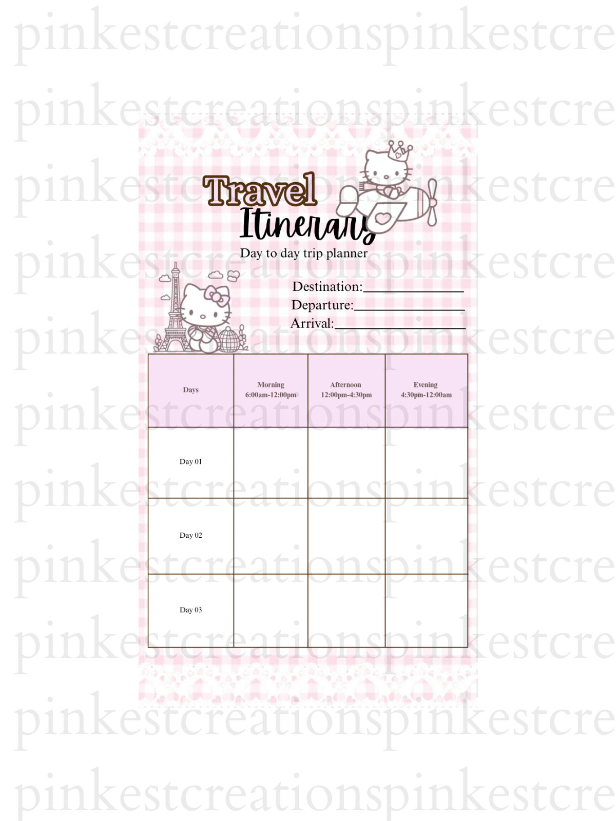 Pink Kawaii Travel Itinerary Planner | 3-Day, 7-Day Trip Organizer (Canva travel Template, PDF)